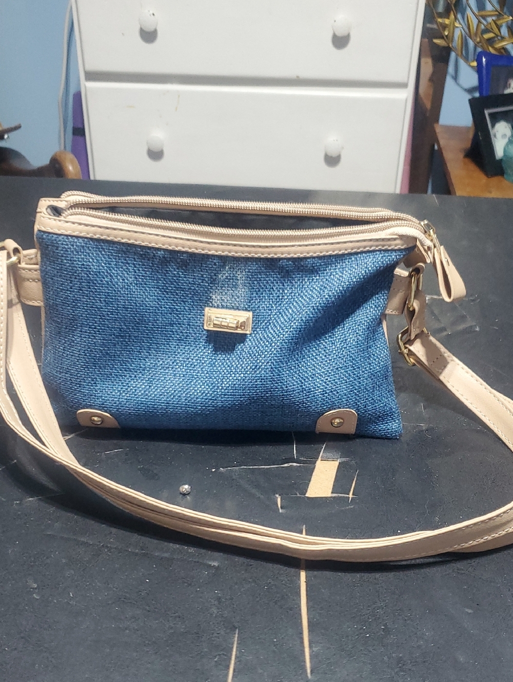Blue Crossbody Shoulder Bag with Beige Trim Brand New.